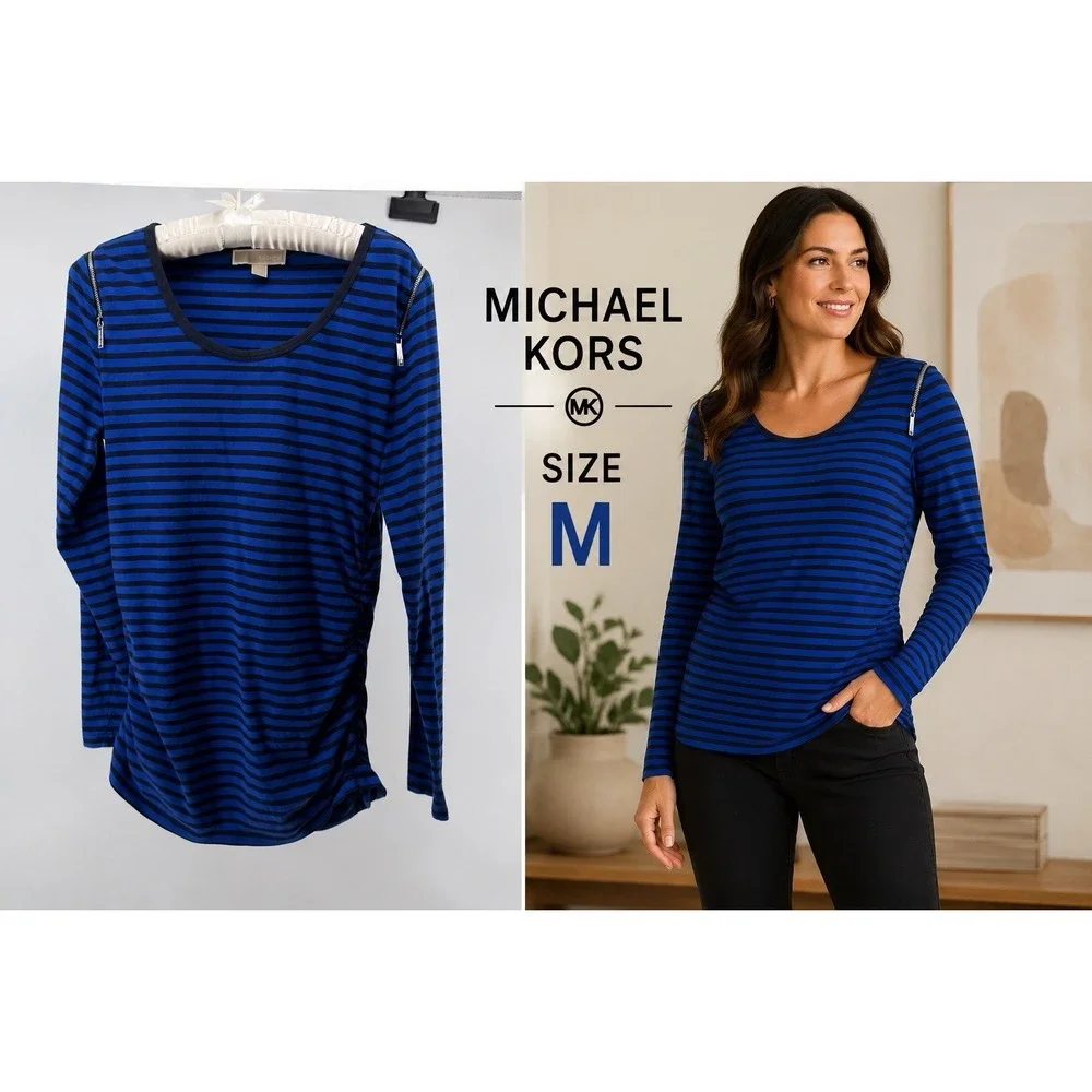 Michael Kors Striped Top Blue Black Zip Shoulder Stretch Slim Rouched Sides Med